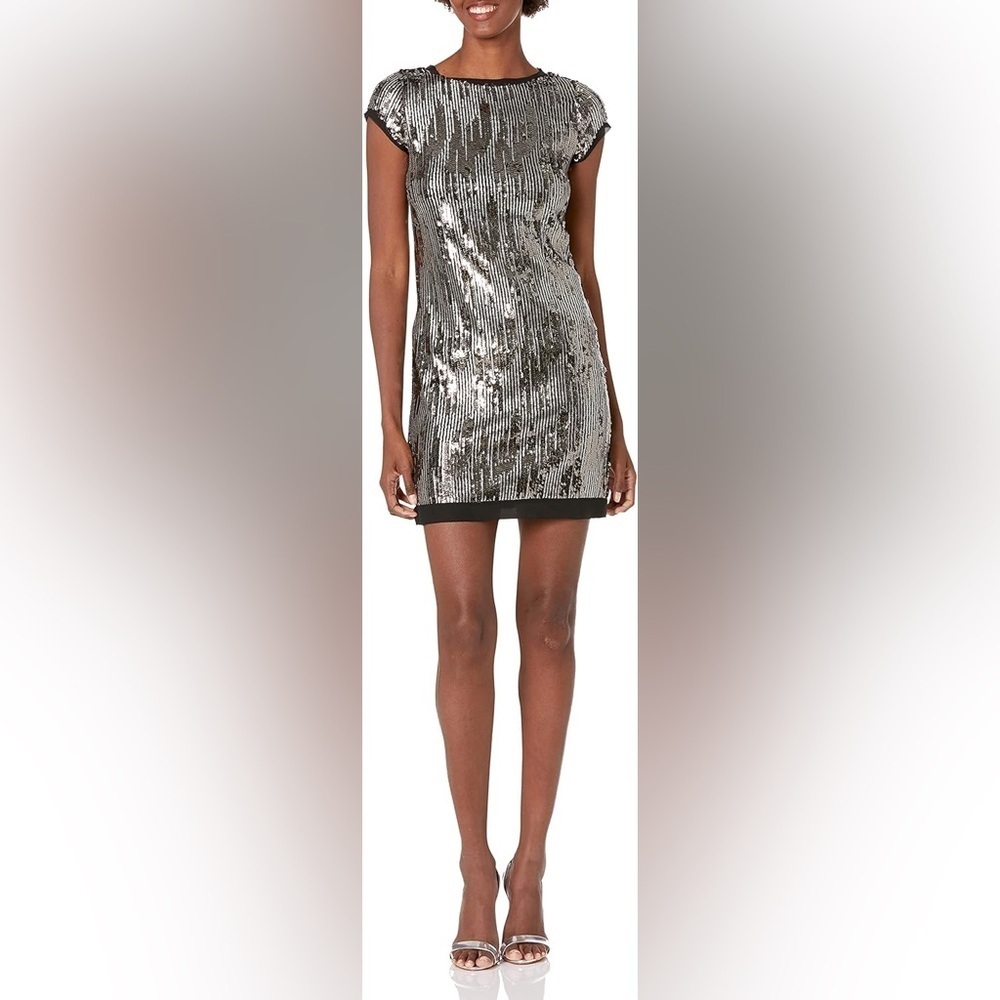 Vince Camuto Women’s Sequin Cocktail Dress Size 4 Silver Mini Cap Sleeve NWT
